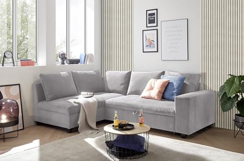 Ecksofa L-Form aus Cordstoff mit Schlaffunktion, hellgrau (Dove) – Liegefläche 147 × 207 cm, Breite 243 cm, Sitzhöhe 45 cm, Modell MIRA