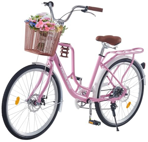 LSLIFE 24/26 Inch Vintage Ladies Bike with Basket Lightweight City Bicycle | 7 Speed; Basket; Cupholder; Adjustable Handlebar & Seat; Disc Brake; Rear Rack