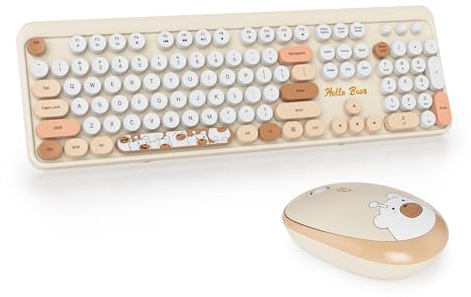 Vumilstek Cute Beige Keyboard and Mouse Wireless, American QWERTY Retro Typewriter 2.4GHz Full Size Round Keycap with Number Pad for Students Home Office PC Laptop(Bear Beige)