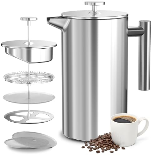 VOSFEEL French Press 1500ML, Cafetiere 12 Cup, Stainless Steel Coffee Press, Double Wall Insulation, 3 Level Filtration System, Heat Resistant, Easy to Clean