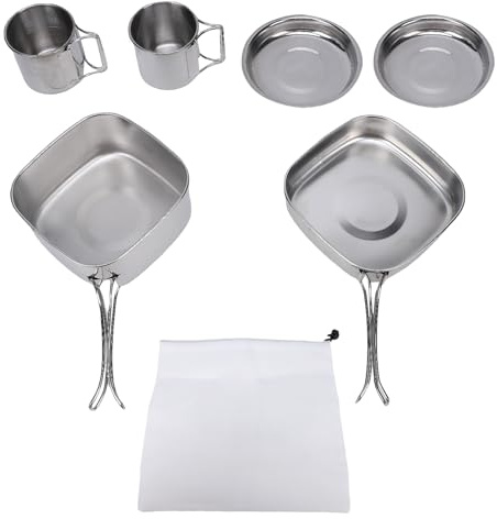 Luocute Juego de Utensilios de Cocina para Acampar de 6 Piezas, Utensilios de Acero Inoxidable para Olla, Sartén, Plato y Taza con Diseño Apilable para Cocinar Al Aire ((CW 304) Juego de lonchera de