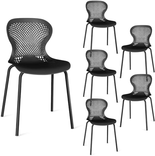 JIJIAN Set di 6 Sedie Sala da Pranzo Impilabili, Sedia da Cucina con Gambe in Metallo, Sedie da Giardino in Plastica, per Sala da Pranzo, Soggiorno, Giardino, Balcone e Terrazza, Nero