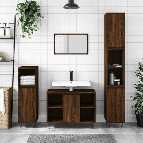 Ezbryzmatic Bathroom Cabinet Brown Oak Look 80 x 33 x 60 cm Chipboard Bathroom Cabinet with Door Storage Industrial Style Feet with Powder Coating Suitable for Most Sinks