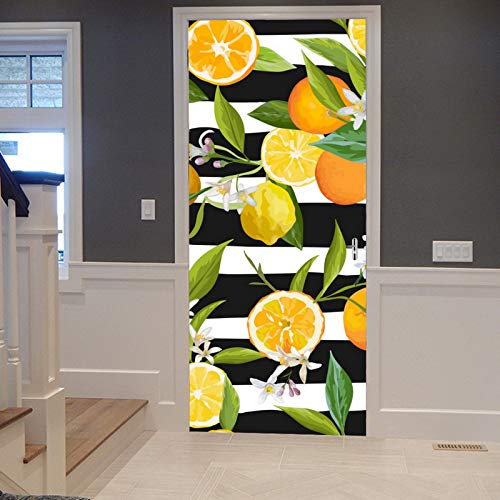 A.Monamour Türtapete Selbstklebend Türfolie Türposter 3D Blüten Blätter Zitronenfrüchte Horizontal Schwarz Weiß Gestreift Vinyl Folie Türdeko Tapete Wandbild Türaufkleber Türtattoo 90 x 200 cm