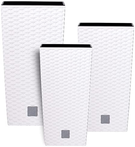 botle Topf Set 3 x Pflanztöpfe Kübel Rattan Hohes H 37 42 50 cm Weiß Kunststoff mit Pflanzeinsatz Quadrat