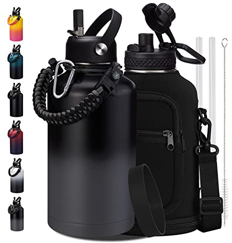 64OZ Insulated Sports Water Bottle - Large Half Gallon Stainless Steel Flask Water Bottles 64 oz, Leak Proof, Double Walled, BPA Free, Sweat-Proof Water Jug with Straw, Keep Cold-48H & Hot-24H