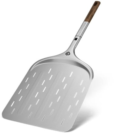 BURNHARD Pizzaschieber Pizza Peel, Aluminium-Schaufel mit Perforation & Akazienholz-Griff, inkl. Steckmechanismus, temperaturbeständig für Pizzaofen – 67 cm x 29 cm x 1,6 cm
