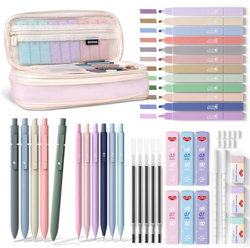 Smallbudi 40PCS Aesthetic School Supplies with Cute Pen Case, 12 Color Pastel Highlighters, 5 Black Ink Gel Pens, 6 Mechanical Pencil 0.5 & 0.7 mm, Back To School Supplies for Student Stationary