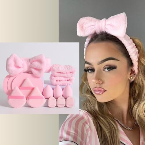 HealthyMoov lot set beauté rose bandeau maquillage et lavage visage (ROSE, 15 pcs bandeau + éponges)