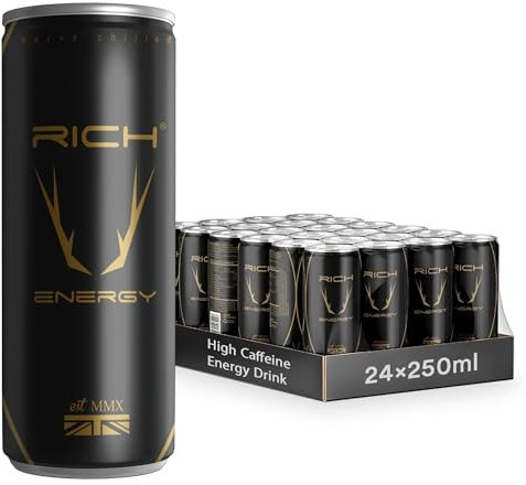 Rich Energy Drink 80mg High Caffeine - Premium British Energy Drinks with Pure Mountain Spring Water and Familiarity in Flavour, Elevate Your Energy and Lifestyle - Bulk Multipack, 250ml, 24 Cans
