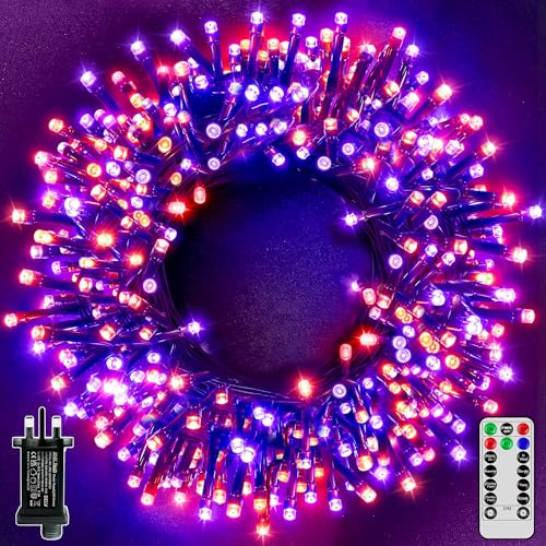 Hopexy 30m 300 LEDs Halloween Lights, Waterproof Orange and Purple Fairy Lights Mains Powered 8 Modes/Plug in/Timer/Indoor Outdoor Lights for Halloween Party Porch Patio Garden Autumn Decoration
