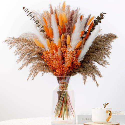 120Pcs Orange Dried Pampas Grass Bouquet, 17'' Natural Baby's Breath, Bunny Tail & Eucalyptus for Boho Winter Home Decor, Wedding Centerpiece, Christmas