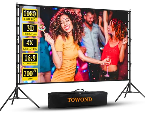 TOWOND 200 inch Outdoor Projector Screen, Portable Projector Screen and Stand, 16:9 4K HD Rear Front Movie Screen with Carry Bag for Backyard Cinema