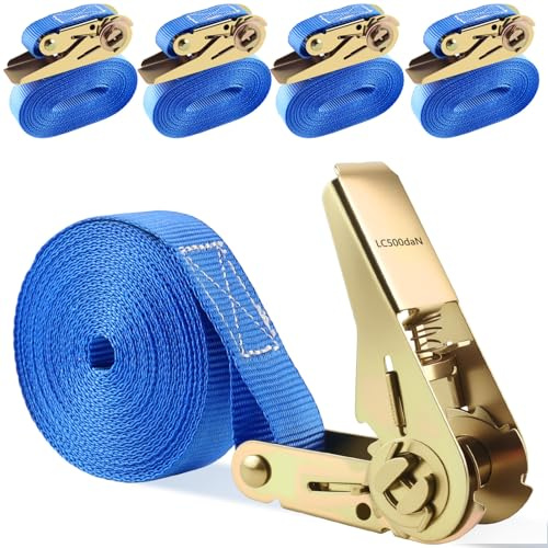 Foydream 4 Pezzi Cinghie a Cricchetto, Lunghezza 6 m, Larghe 25mm, Capacità di Carico 800 kg, Robuste Cinghie di Fissaggio con Cricchetto per il Trasporto di Attrezzature, Auto, Moto, Bici (Blu)