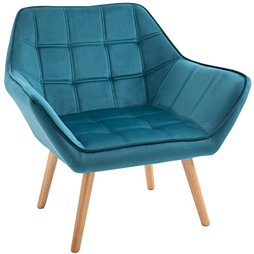 HOMCOM Fauteuil Salon avec Dossier Haut et accoudoir rembourré Chaise Coiffeuse scandinave Pied en Bois revêtement Effet Velours 67 x 61,5 x 71 cm Bleu