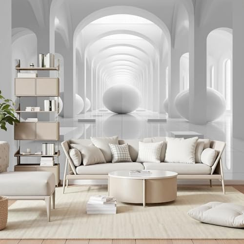 Gaqinhh Cercle Géométrique Blanc Papier Peint Intissé, Illusion D’Optique Tapisserie Murales Papier Peint, Tapisserie Panoramique 3d Cuisine Salle de Bain Chambre Enfant 450 x 315 cm