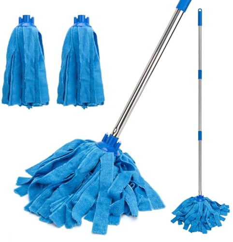 KeFanta Wischmopp für die Bodenreinigung 124 cm mit langem Stiel, Baumwolle für die Bodenreinigung in Haushalt, Küche, Büro, Garage und auf Beton Fliesenböden