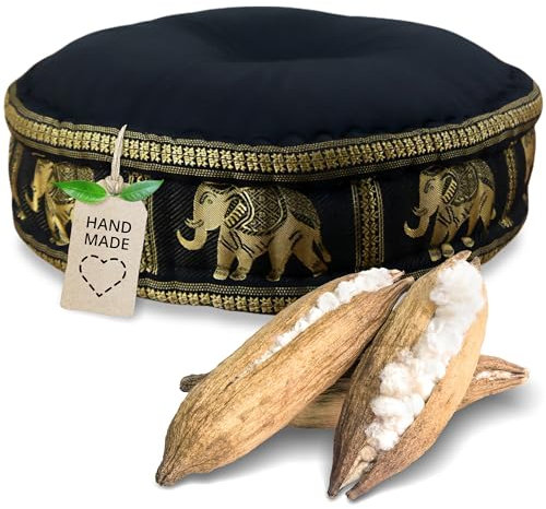 livasia Meditationskissen mit Thaiseide - Ø 45x15cm - Yogakissen mit Kapok, Pouf, Bodenkissen für Yoga und Zen Meditation, Sitzkissen für Garten und Balkon, Zafukissen (Schwarz/Elefanten Seide)