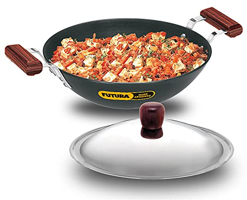 Futura Hard eloxiert deep-fry Pan (Kadhai) mit Stahl Deckel und flacher Boden