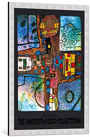kunst für alle Bild mit Bilder-Rahmen: Friedensreich Hundertwasser Straßenkreuzung - dekorativer Kunstdruck, hochwertig gerahmt, 59x84 cm, Silber gebürstet