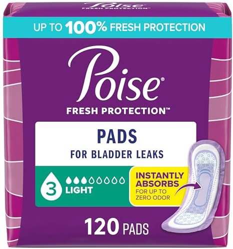 Poise Incontinence Pads & Postpartum Incontinence Pads, 3 Drop Light Absorbency, Regular Length, 120 Count (4 Packs of 30), Packaging May Vary