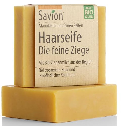 Savion Naturseife Ziegenmilch | Für Haare & Körper | Bio & Vegan | für normales und trockenes Haar | Palmölfrei | Plastikfrei, 85g