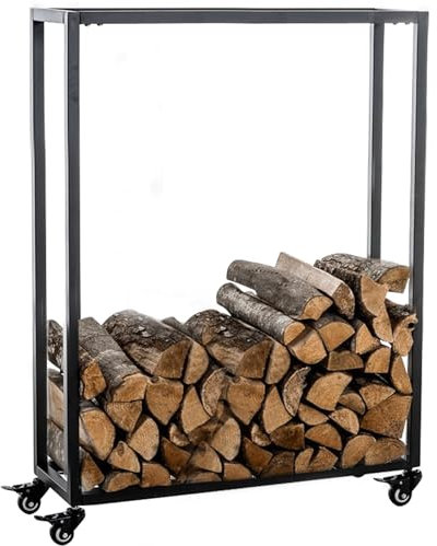 CLP Portalegna per Camino Hetta in Acciaio Inox I Scaffale per Accatastare Legna con Ruote I Supporto Legna da Ardere, Colore:Nero, Dimensione:25x60x100 cm