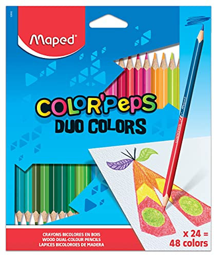 Maped - Pinturas de Madera - Lápices de Colores Duo - 24 Pinturas con Doble Punta - 48 Colores Diferentes - Mina Blanda y Resistente - Incluye 1 Lápiz de Oro y Plata