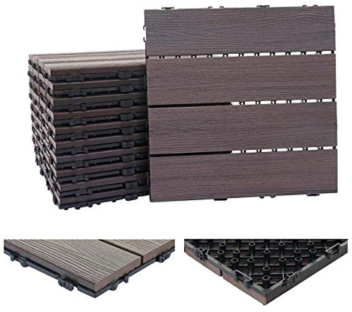 Mendler WPC Bodenfliese HWC-E20, Holzoptik Balkon/Terrasse, 3D-Struktur linear 11x je 30x30cm = 1qm geprägt - grau-braun