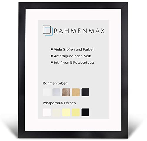 RahmenMax® Morena Bilderrahmen 70x100 cm mit Passepartout passend für Bild 61x91,5 cm/Maßanfertigung möglich/MDF Bilder Rahmen/Rahmenfarbe: Schwarz Matt, Passepartoutfarbe: Ultra Weiß