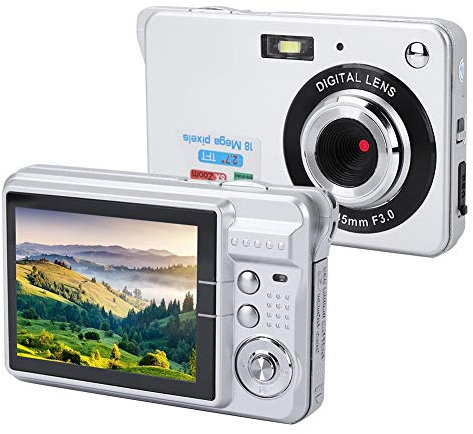 Digital Camera COMS Sensor 18MP, HD Digital Video Camera Auto Focus Camera with 8x Zoom, 2.7 Inch Screen, USB 2.0 Port, Built-in Speaker, Battery Operated, for Senior Kids(Silver)
