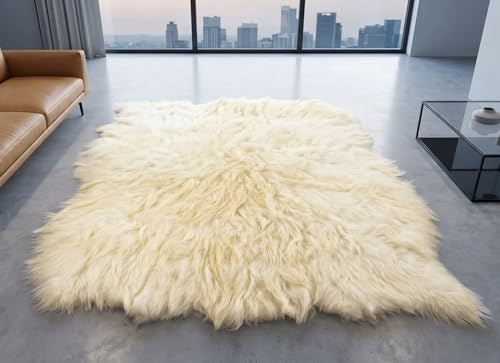 generisch Lammfell Teppich Naturweiß 230 x 200 cm XXL Echtfell Schaffell Weich Flauschig Großer Fellteppich für Wohnzimmer Schlafzimmer Skandi Stil