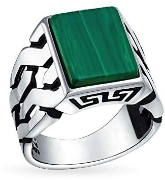 Gemstones Cuban Curb Link Chain Band Created Malachite Rectangle Signet Ring For Men .925 Sterling Silver Handmade In Turkey