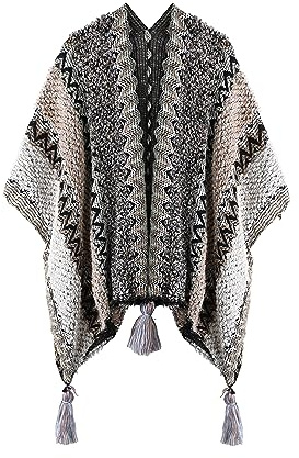 BOCOSO Poncho en tricot pour femme, cardigan tricoté avec franges pour l'automne et l'hiver, Motif gris.