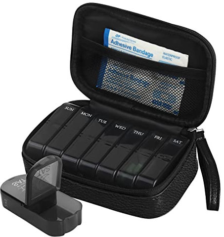 Tablettenbox 7 Tage Pillendose Morgens Abends Tragbare PU Leder Pillentasche mit Reißverschluss Medikamentenbox Wochenbox für Medikamente Kapsel Vitamine Fischöl (Schwarz)