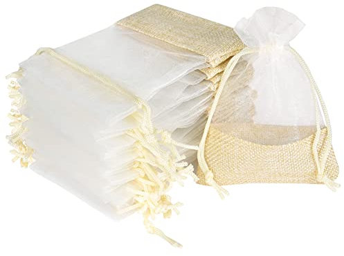 Geschenksäckchen mit Jutegewebe, 36 Organzabeutel Organzasäckchen Spleißen Jutesäckchen Hochzeiten 9x12cm, Wiederverwendbare Säckchen zum Befüllen mit Kordelzug für Geburtstage Weihnachten Süßigkeiten