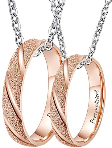 Pärchen Kette Personalisiert Preis für 2, Edelstahl Anhänger Ringe 4mm Köper Design Matte Partnerketten mit Wunschgravur Rose Gold, Herrenkette 60cm, Damenkette 50cm, Größe 54 & 62