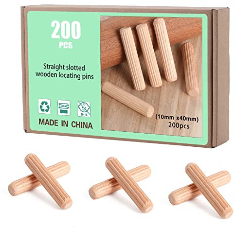 Faankiton 200 Stück Holzdübel Set 10x40mm, Dübel Holz, Holzstifte Dübel Set, Riffeldübel Buche Holz Dübel für Möbel Professionelle Tischler DIY- und Bastelprojekte