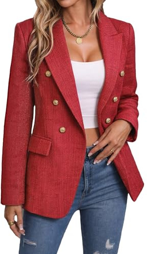 Mina Self 2024 Herbst-Tweed-Blazer-Jacke für Damen, modisch, lässig, offene Vorderseite, Business, elegant, Arbeitsanzug, obere Tasche, 3-Tweed/Rot, L/XL