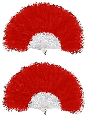 Lizzy 2 x Red Feather Fan | Handheld Folding Fan, 1920s Embroidered Vintage Fans Halloween Fancy Dress Costume Party Wedding Decoration