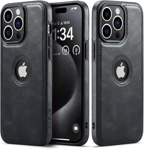 Sibada Leather Case for iPhone 15 Pro Max Mobile Phone Cases Logo Visible Premium Leather Classic Luxury Elegant Thin iPhone 15promax Cover (2023) 6.7 Inch - Black