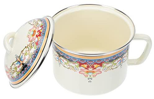 Cuenco de sopa de lavabo de esmalte vintage: Cuenco de mezcla de esmalte redondo retro con mango de tapa Recipiente de esmalte for servir ensalada for sopa Pho Soba Arroz Cereal Udon Helado Amarillo (
