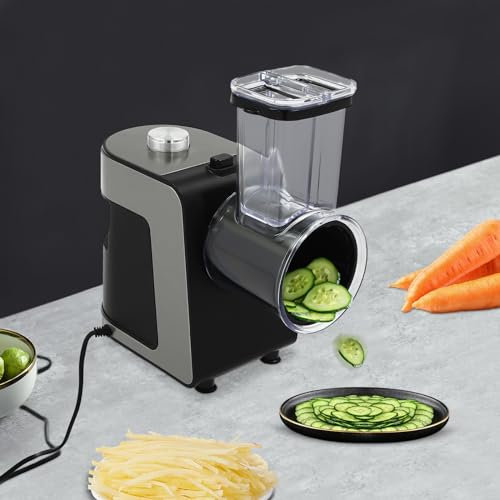 Gemüseschneider Elektrisch 1000W Professioneller Gemüsereibe mit 10 Klingen, Allesschneider Spiralschneider Gemüse Reibe, Edelstahl/Kunststoff, Schwarz