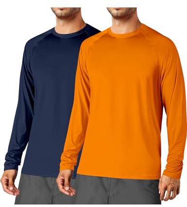 Paquete de 2 camisetas de manga larga para hombre, protección contra erupciones UPF 50+ UV SPF para pesca, correr, natación, camisetas ligeras de secado rápido, Azul marino y naranja., Large