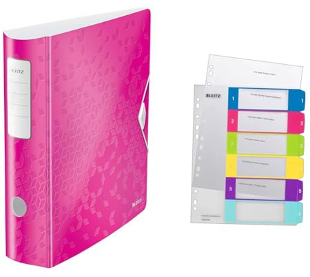 Leitz Set Qualitäts-Ordner 180° Active WOW A4, Breit, 8,2 cm, Gummibandverschluss, Pink + Leitz Register für A4, PC-beschriftbares Deckblatt, und 6 Trennblätter, WOW Serie, 11060023 + 12420000