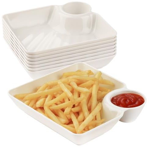RAMFIYN Set of 8 Reusable Serving Dishes for Fries and Salsa, Plastic Serving Platters for Parties with Sauce Compartment