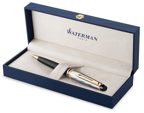 Waterman Expert Kugelschreiber | Metall und schwarzer Lack mit goldenen Zierteilen, ziselisierte Kappe | mittlere Spitze | Geschenkbox