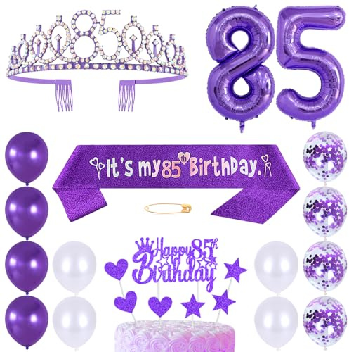 85th Birthday Sash Princess Crown Queen Tiara Rhinestone Headbands Cake Toppers Number 85 Helium Balloons Purple Latex Balloon 85 Birthday Decoration for Women 85 Year Old Birthday Party Supplies