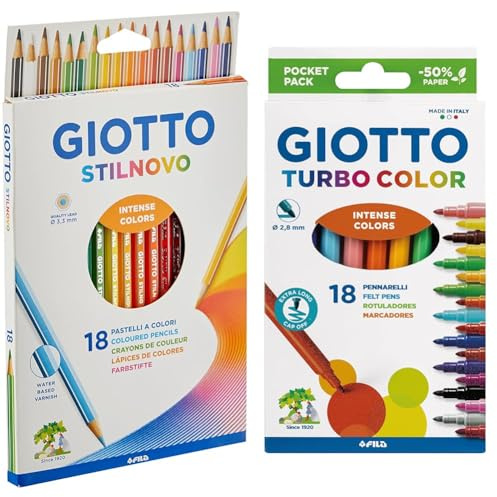 Giotto Stilnovo - Astuccio Da 18 Matite A Pastello Colorate, 3.3 Mm, Multicolore, Colori Intensi & Turbo Color 18 Pennarelli Punta Fine Colori Assortiti Ricambio Astuccio