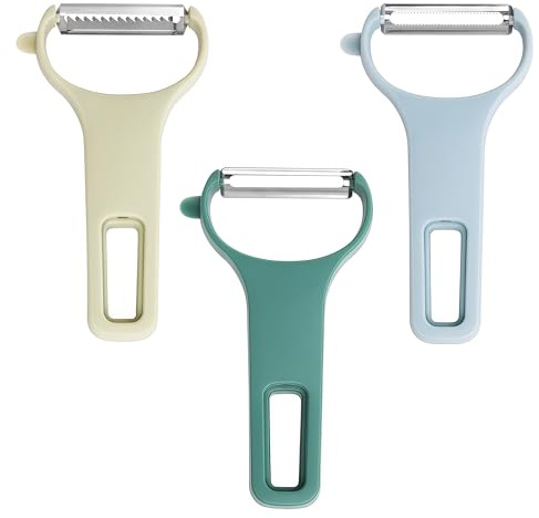VOGARB Vegetable Peelers for Kitchen, 3 Stainless Steel Blades Straight/Serrated/Julienne Peeler, Y Shape for Carrot Cucumber Potato Veggie Fruit (3 Color Set, Regular-Steel Blades)